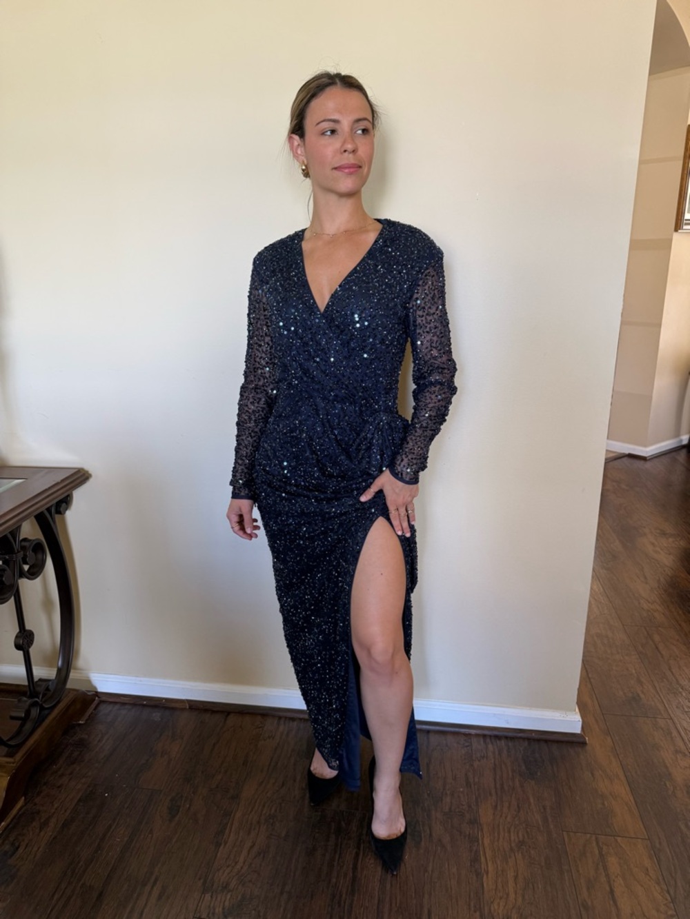 Mac Duggal Navy Sequin V-Neck Long Sleeve High-Slit Gown